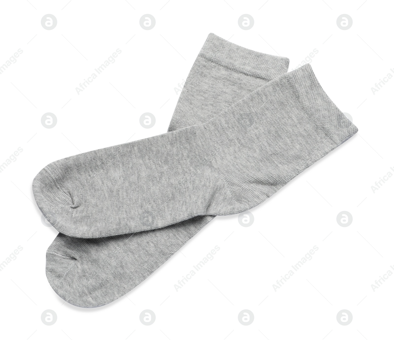 Photo of Pair of light grey socks isolated on white, top view