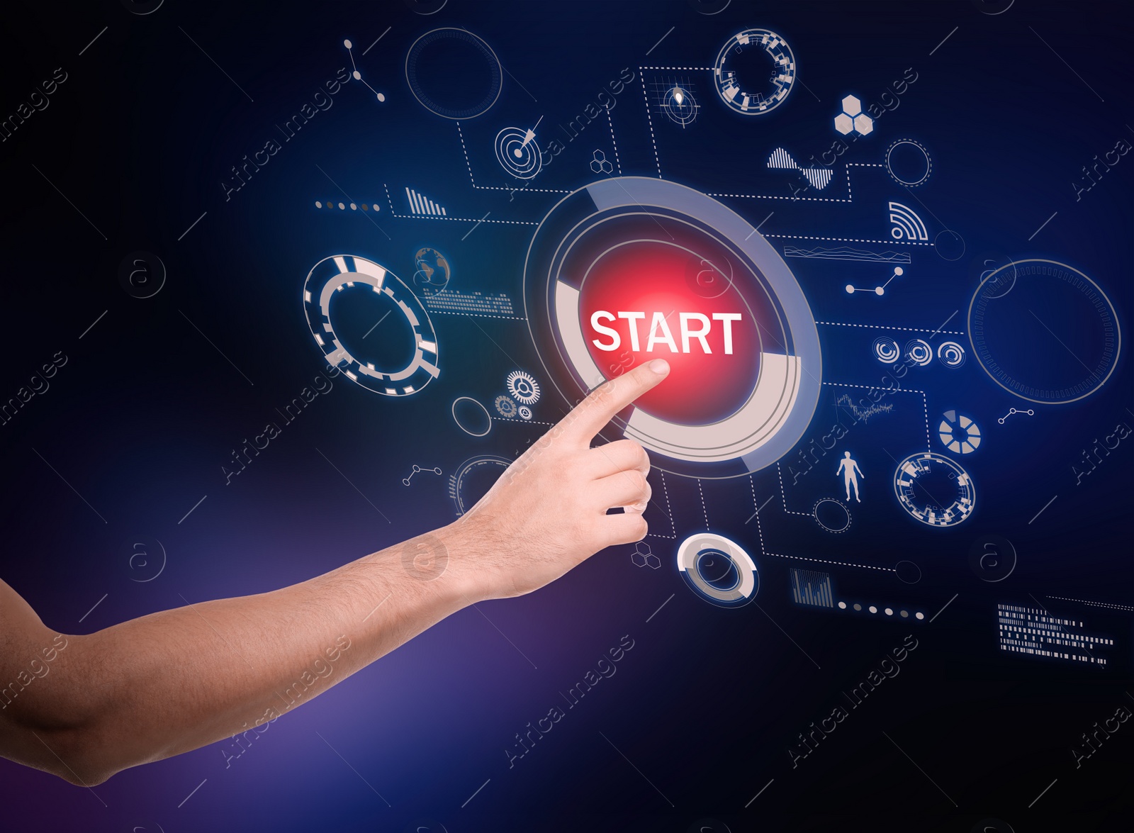 Image of Man pointing at start icon on dark background, closeup