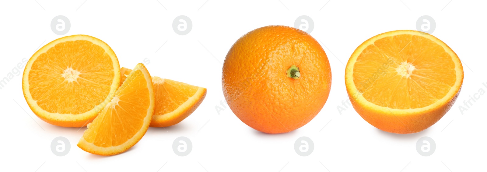 Image of Set with tasty ripe oranges on white background. Banner design 