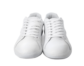 Photo of Pair of trendy sneakers on white background