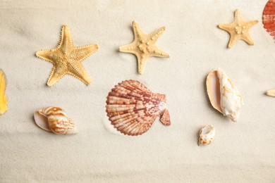 Photo of Beautiful sea stars and shells on sand, flat lay