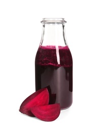 Bottle of beet smoothie on white background