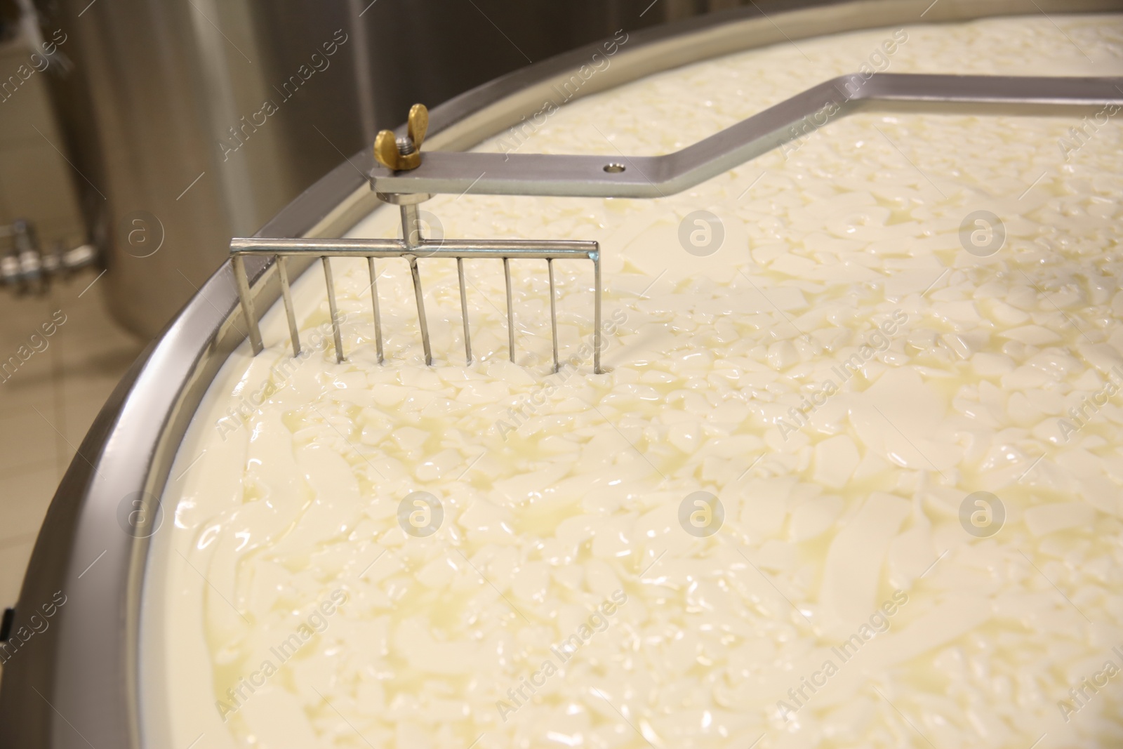 Photo of Curd and whey in tank at cheese factory, closeup