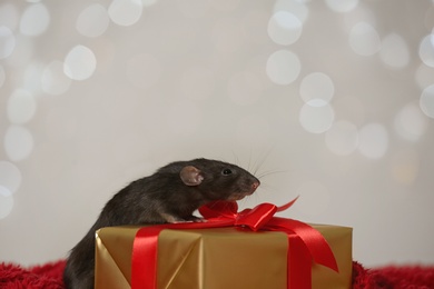 Cute little rat and gift box on red fluffy blanket against blurred lights. Chinese New Year symbol