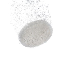 Effervescent pill dissolving in water on white background, closeup