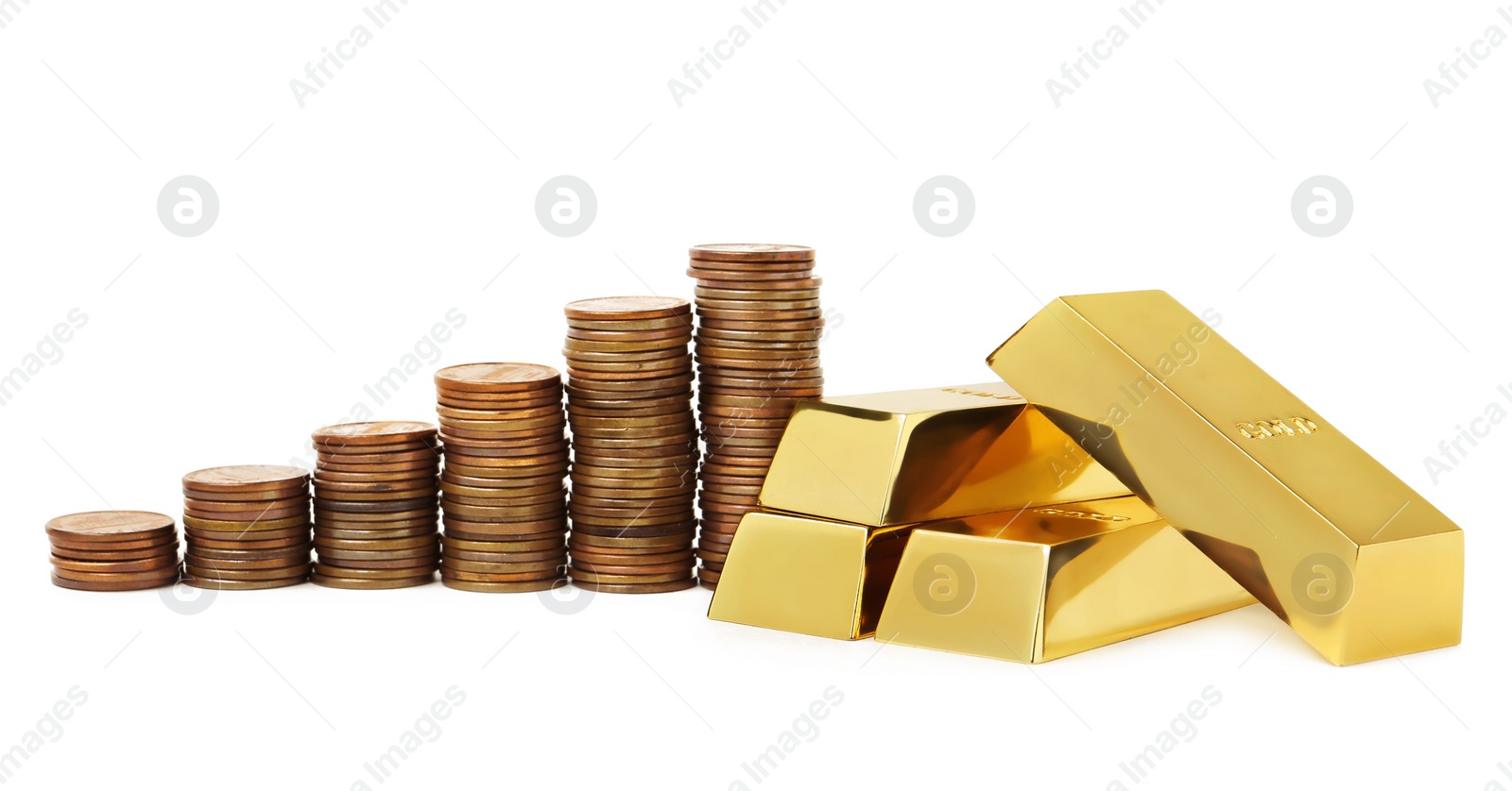 Photo of Shiny gold bars and coins on white background