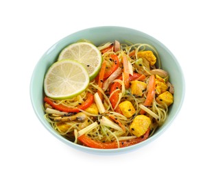 Photo of Stir-fry. Delicious cooked noodles with chicken and vegetables in bowl isolated on white, top view