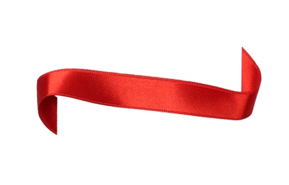 Photo of Elegant red satin ribbon on white background