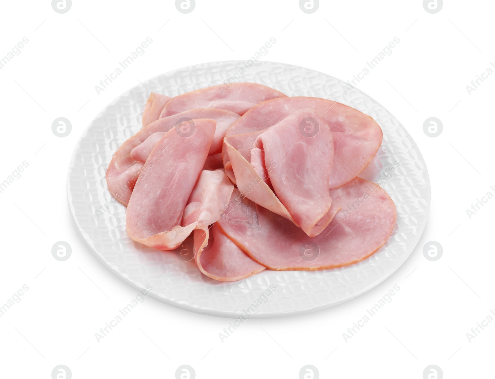 Photo of Slices of tasty ham isolated on white