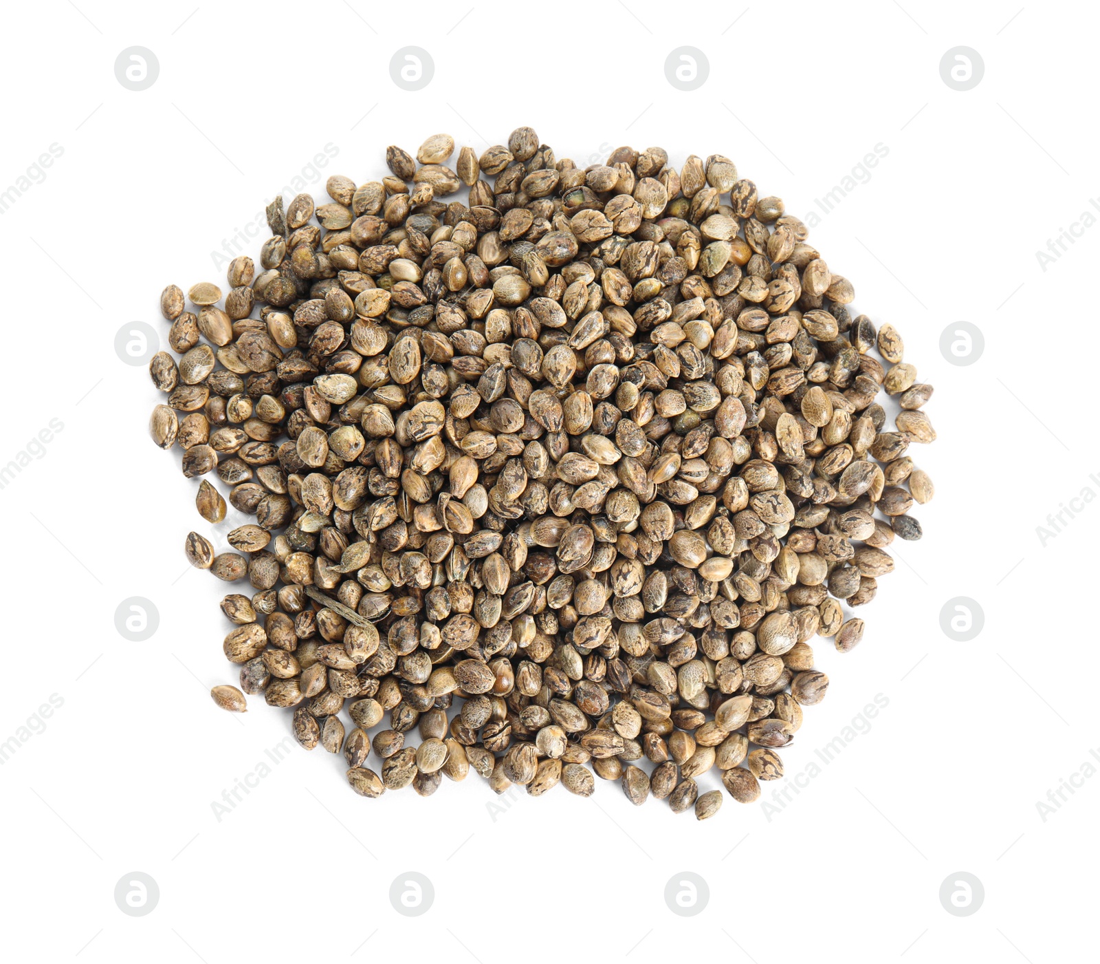 Photo of Pile of hemp seeds on white background, top view