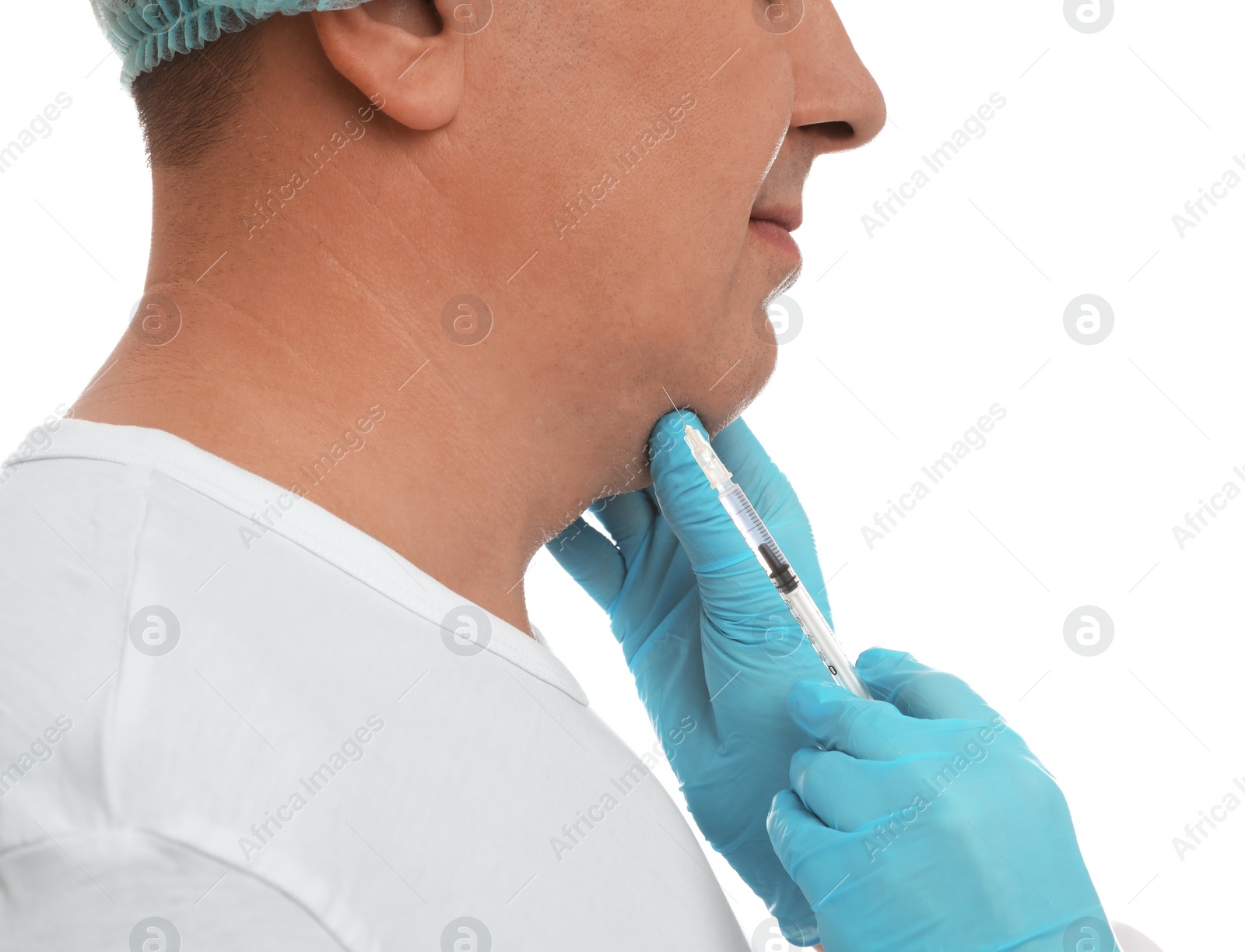 Photo of Mature man with double chin receiving injection on white background, closeup