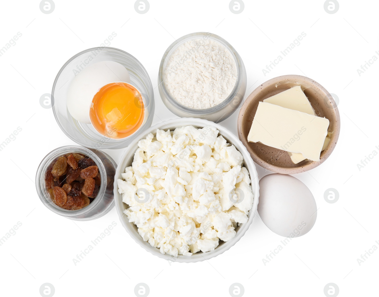 Photo of Different ingredients isolated on white, top view. Cooking cottage cheese pancakes