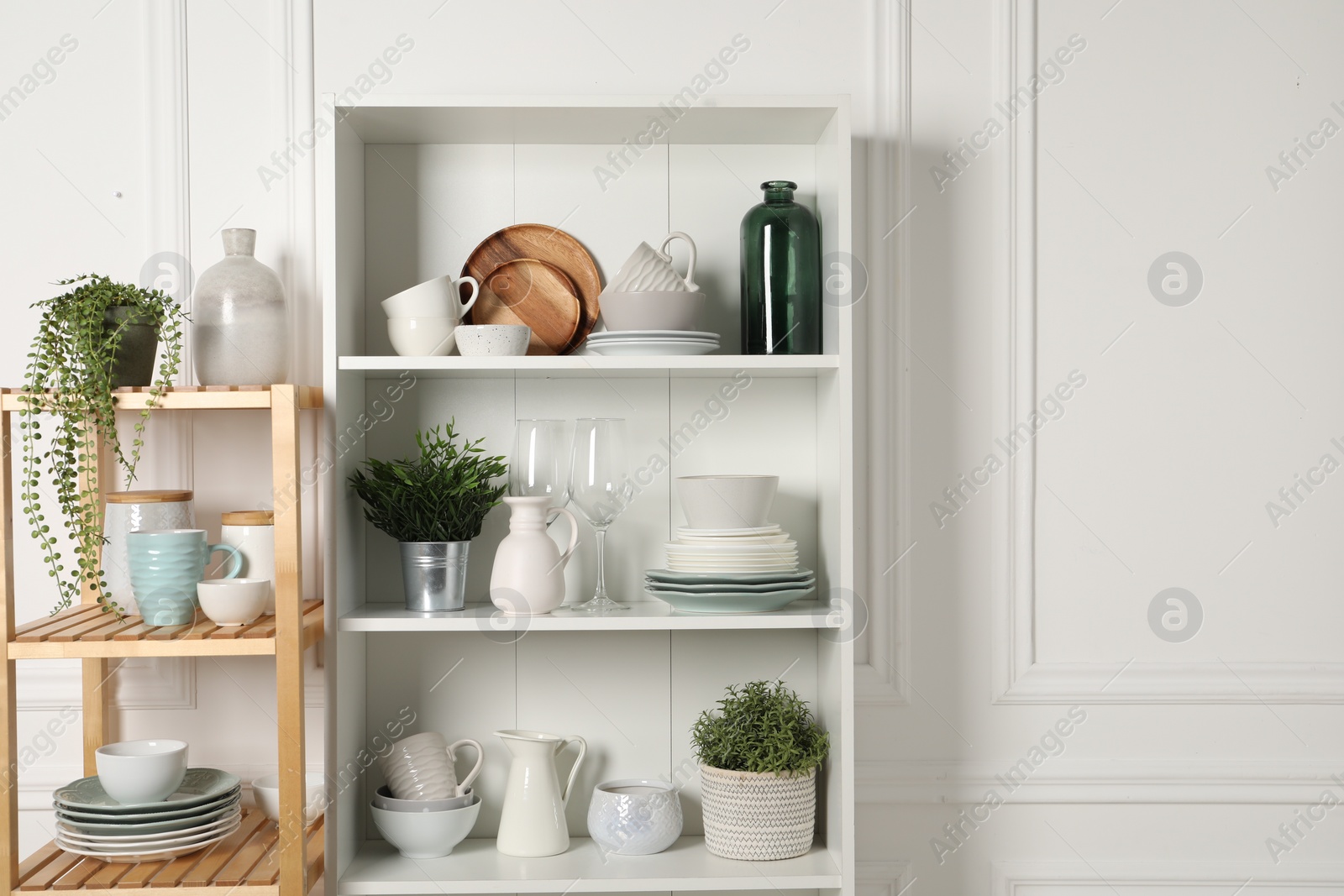 Photo of Different clean dishware and houseplants on shelves in cabinet indoors. Space for text