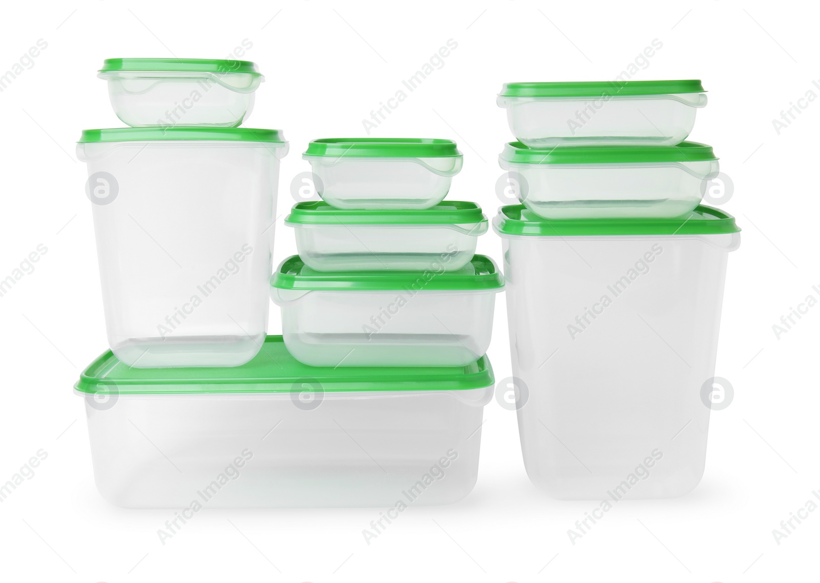 Photo of Empty plastic containers on white background. Food storage