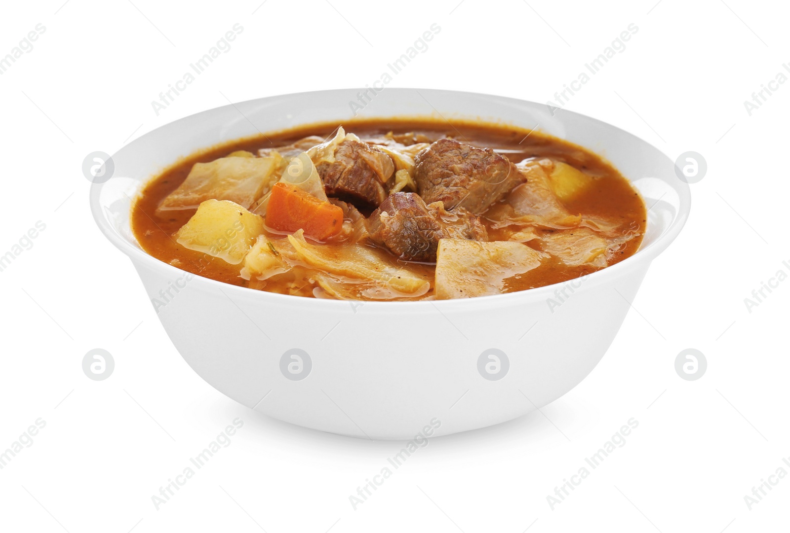 Photo of Tasty cabbage soup with meat and carrot on white background