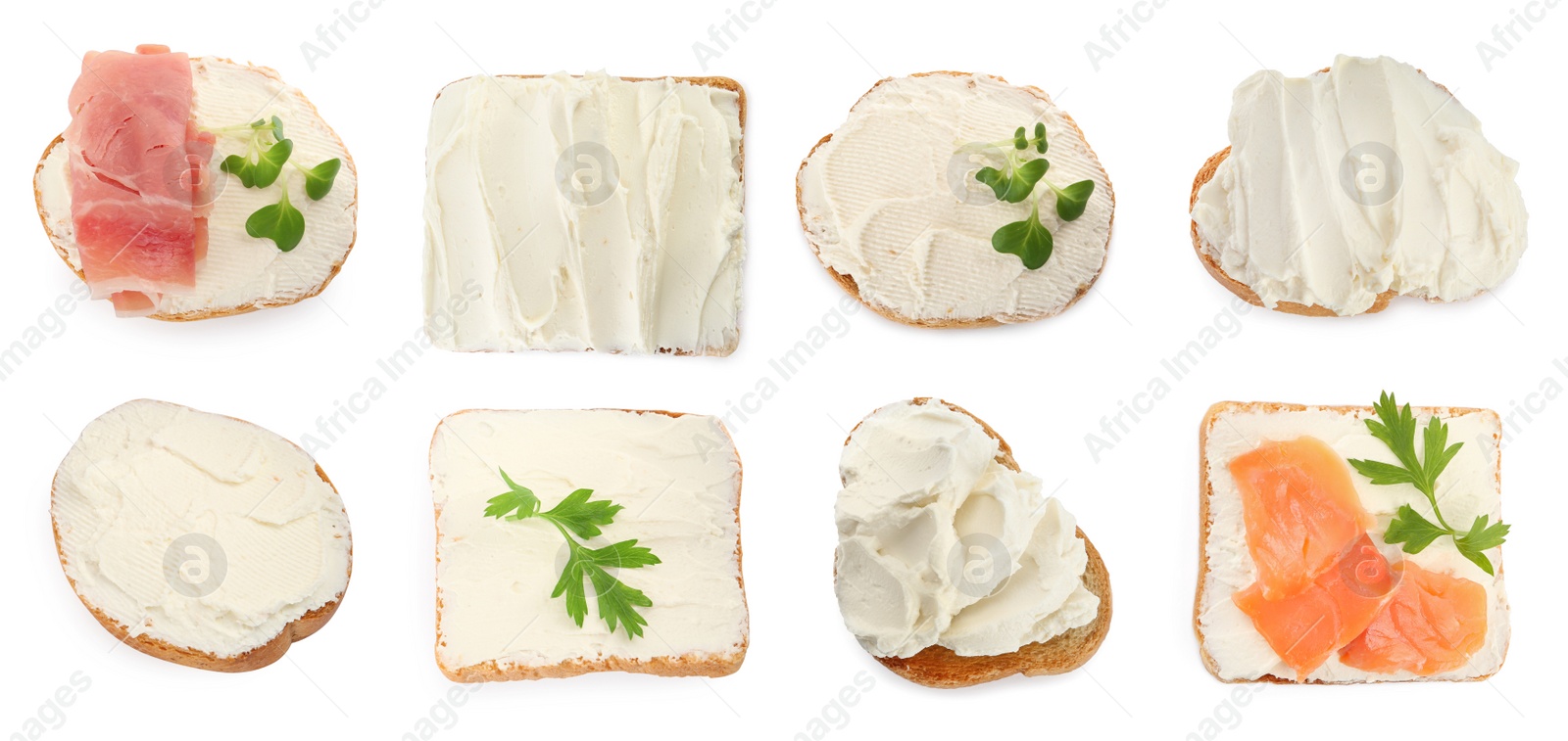 Image of Top view of bread with cream cheese and toppings on white background, collage 