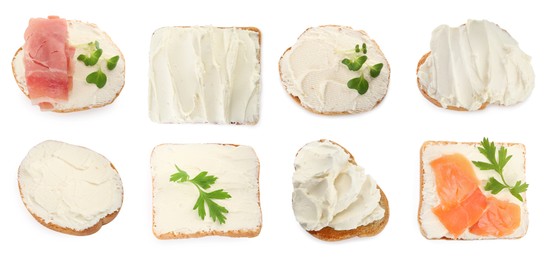 Top view of bread with cream cheese and toppings on white background, collage 