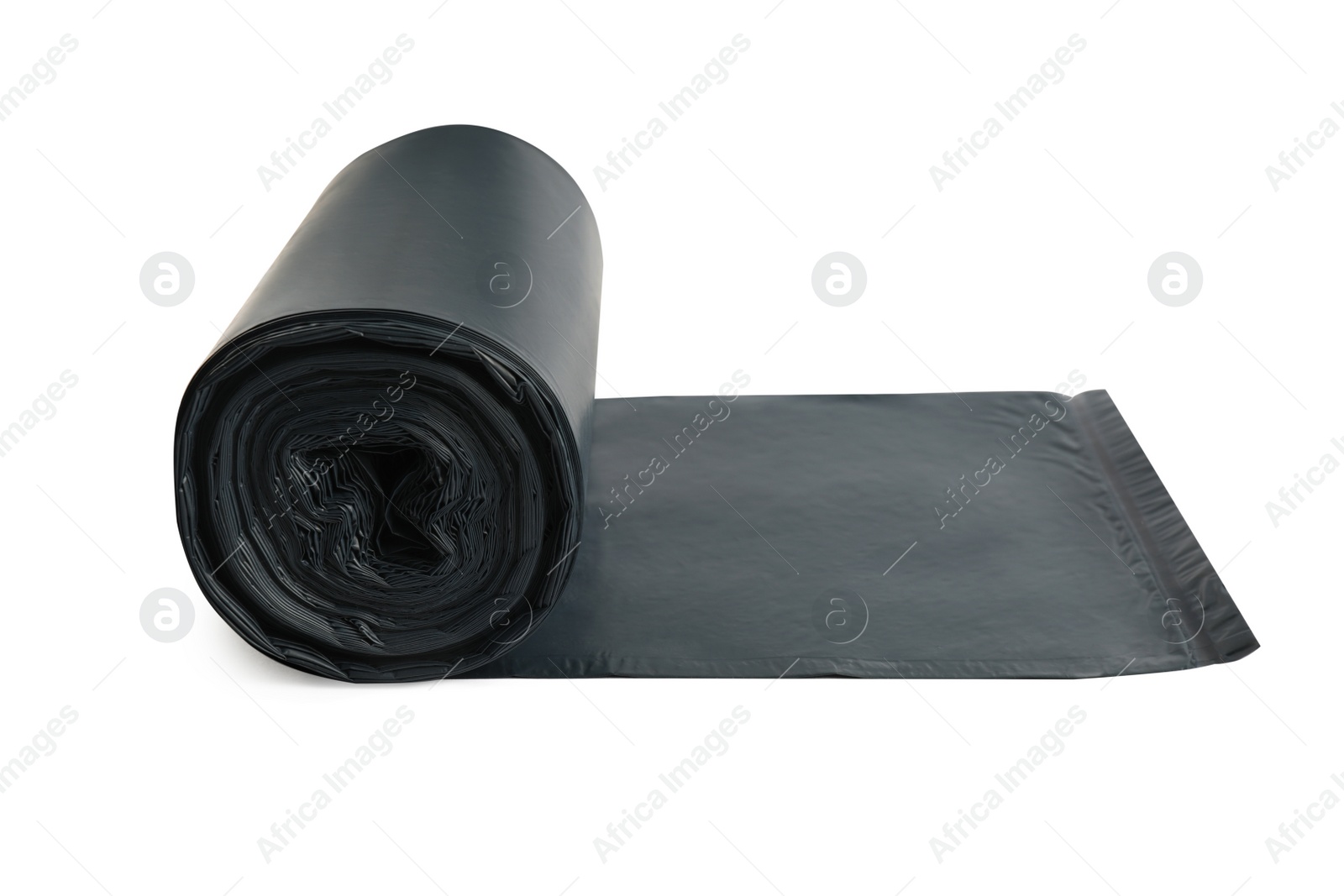 Photo of Roll of black garbage bags on white background. Cleaning supplies