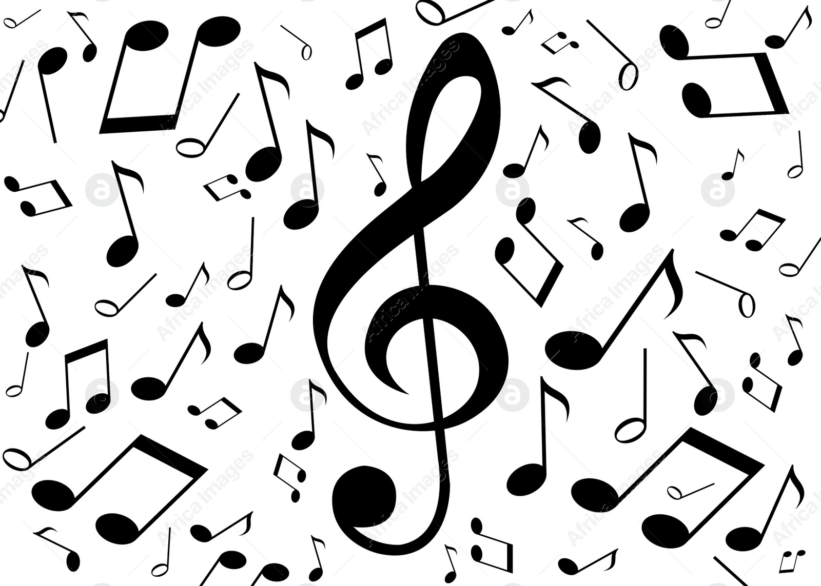 Illustration of Treble clef among many music notes on white background