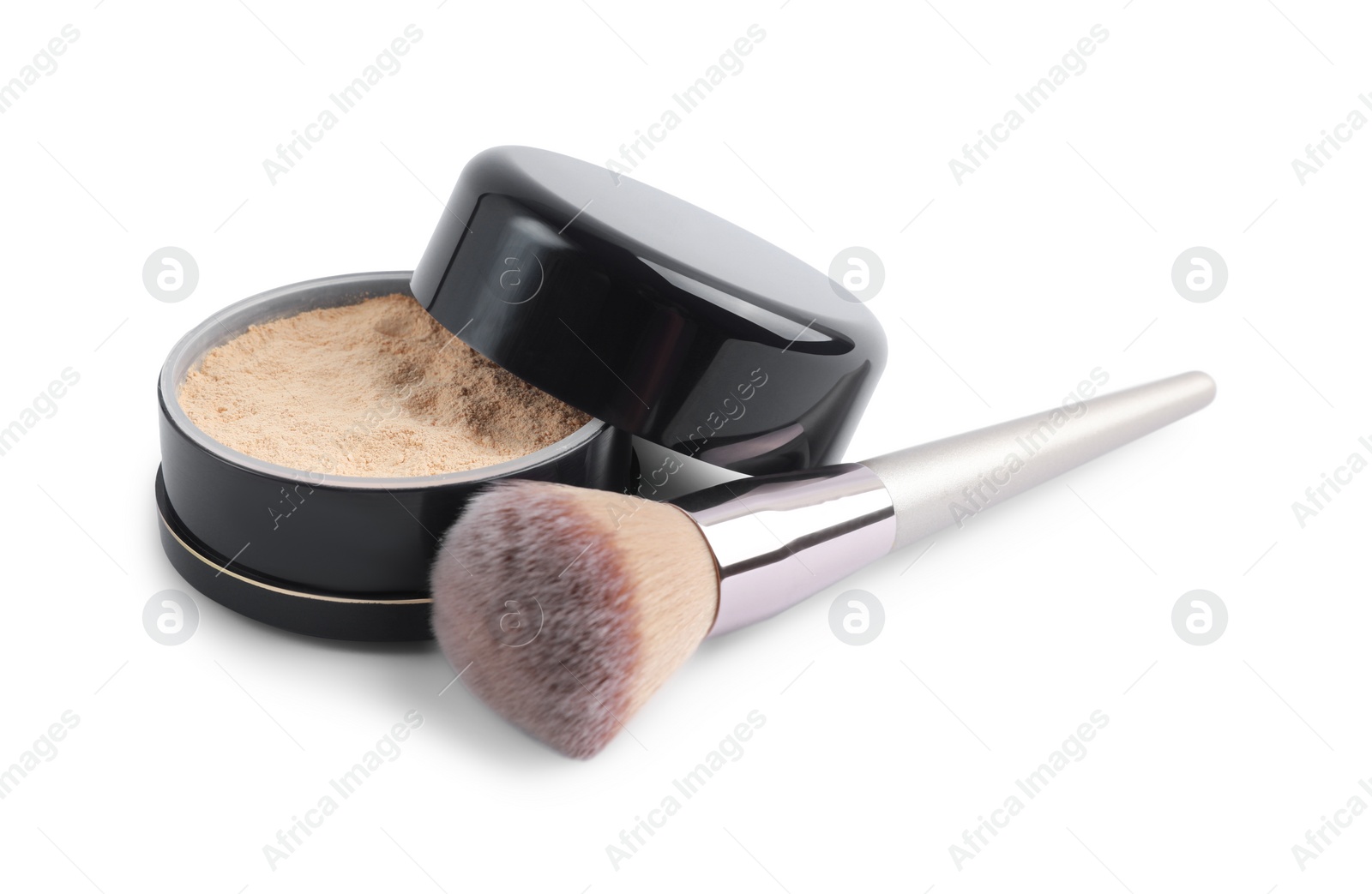 Photo of Face powder and brush isolated on white. Makeup product