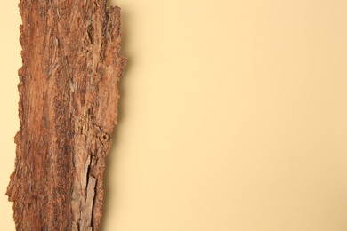 Photo of Tree bark piece on beige background, top view. Space for text
