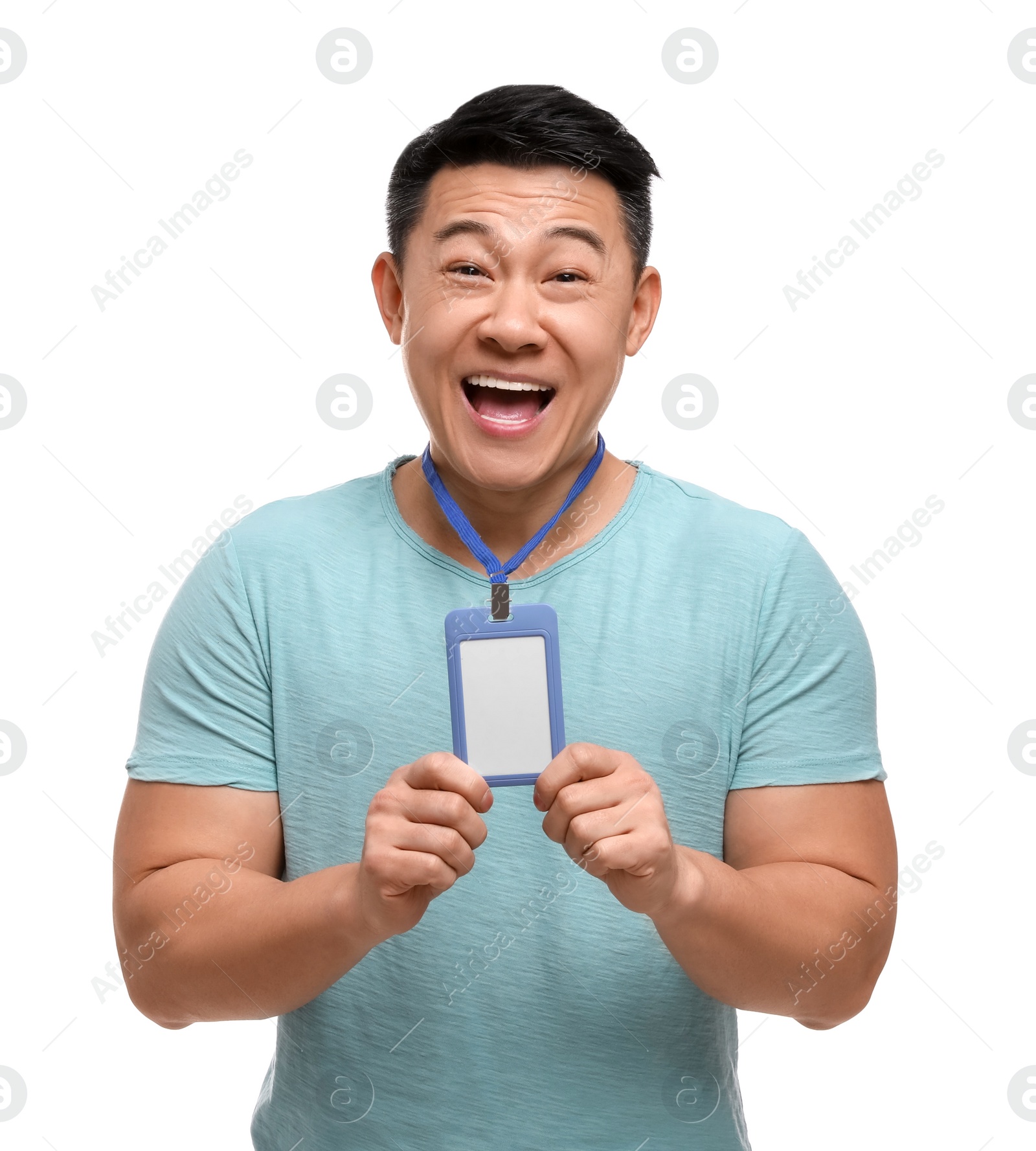 Photo of Emotional asian man with vip pass badge on white background