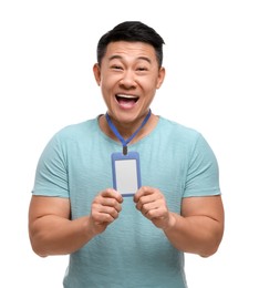 Emotional asian man with vip pass badge on white background