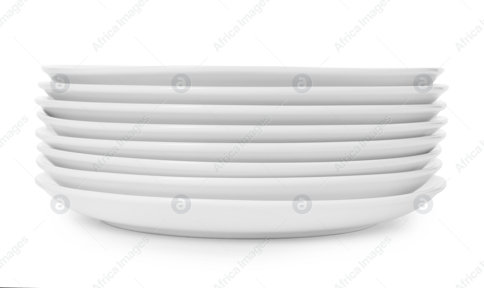 Photo of Stack of clean plates on white background. Washing dishes