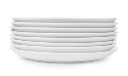 Stack of clean plates on white background. Washing dishes