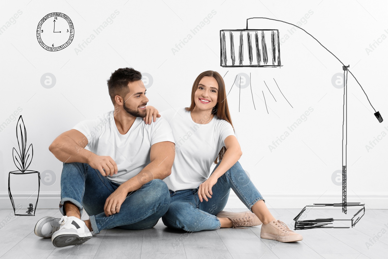 Image of Happy couple dreaming about renovation on floor. Illustrated interior design