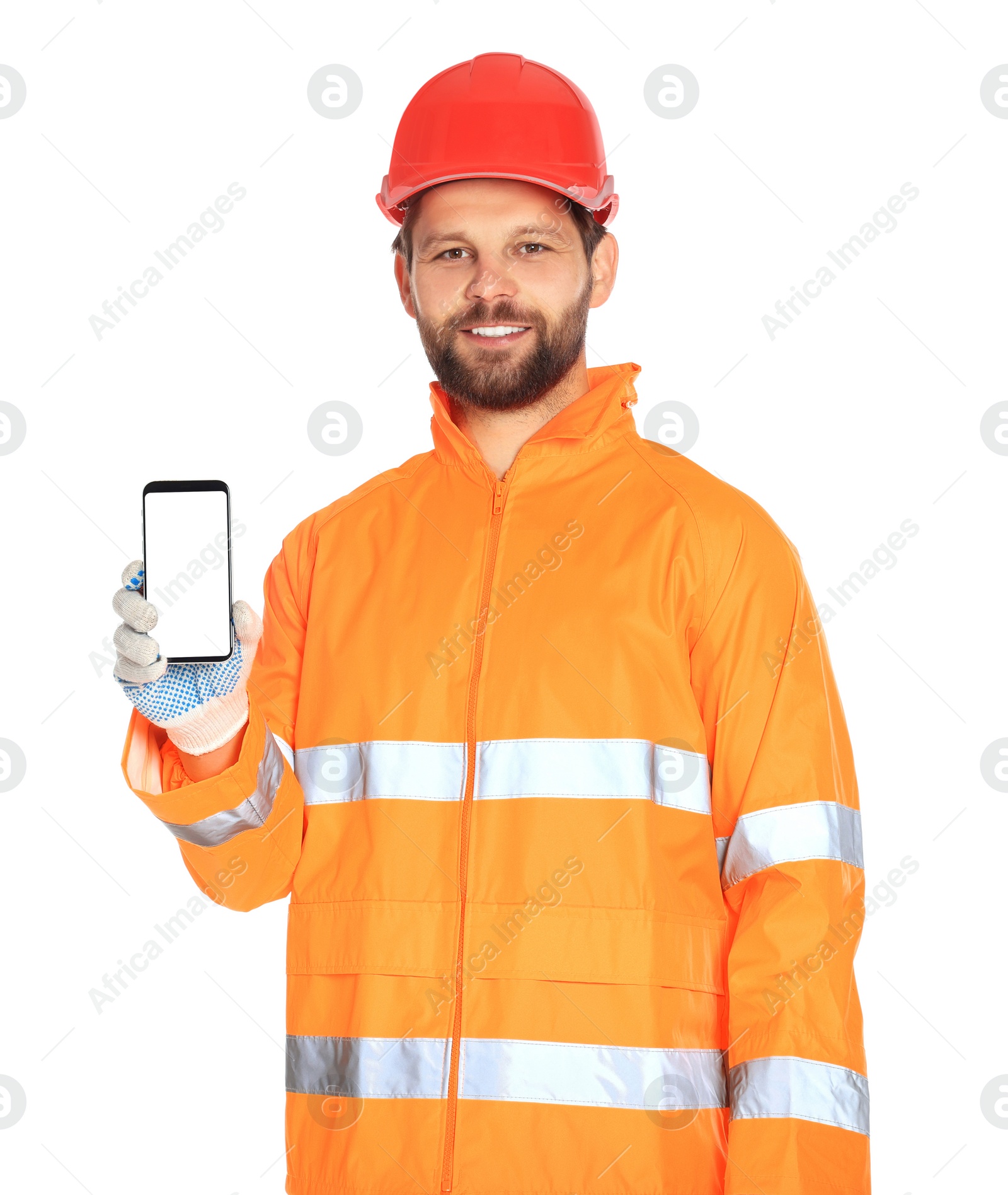 Photo of Man in reflective uniform showing smartphone on white background