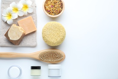 Photo of Bath accessories. Flat lay composition with personal care products on white background, space for text