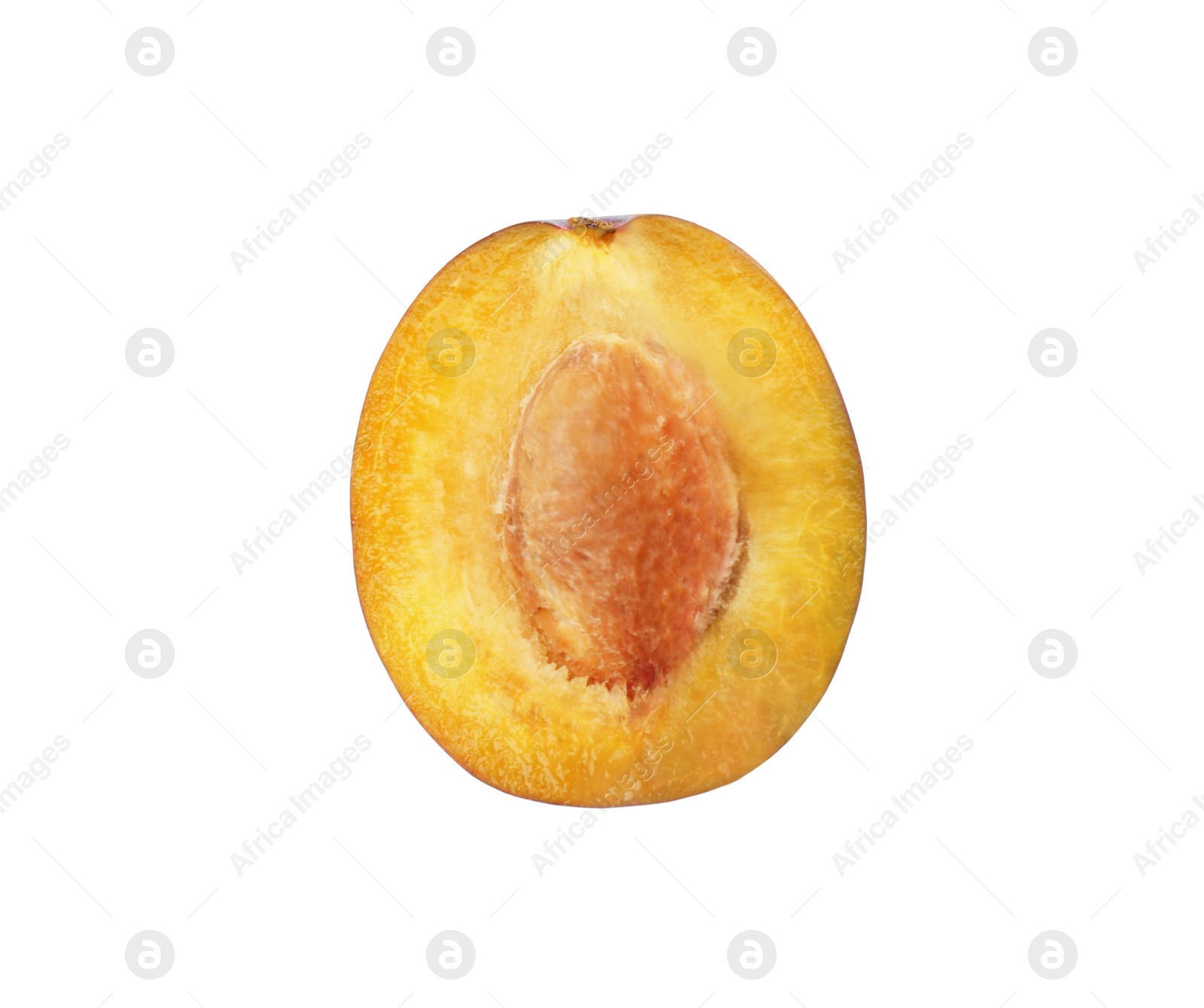 Photo of Half of ripe plum isolated on white, top view
