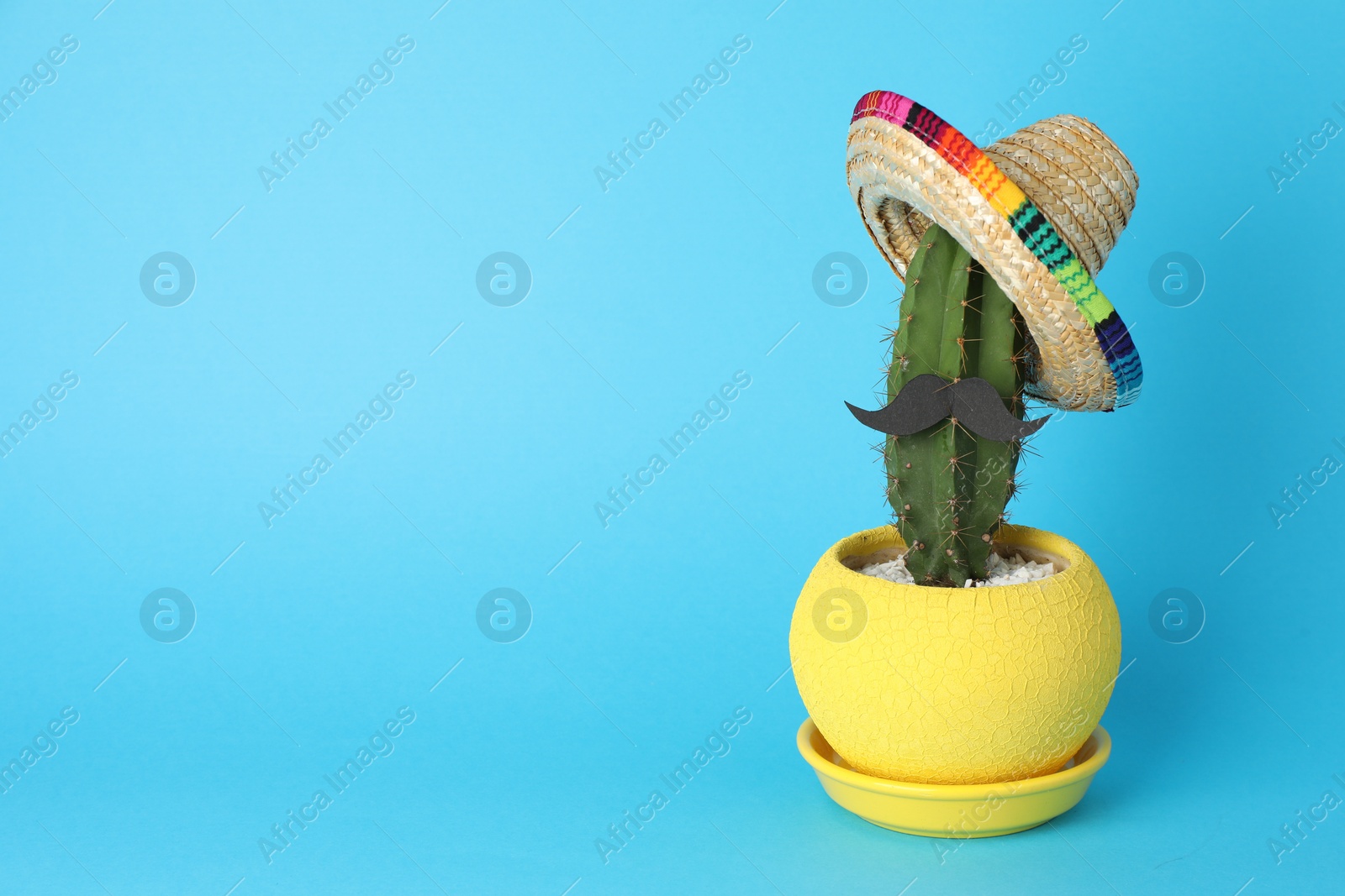 Photo of Cactus with Mexican sombrero hat and fake mustache on light blue background, space for text