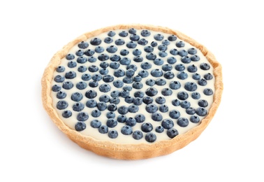 Photo of Tasty blueberry cake on white background