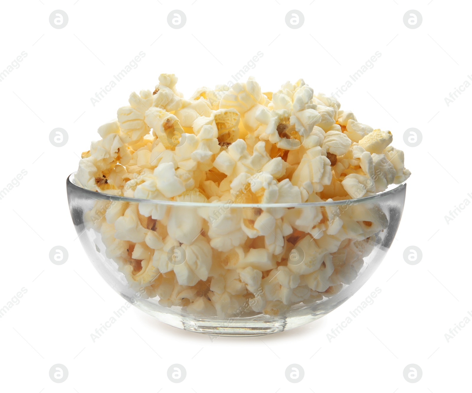 Photo of Bowl with delicious fresh popcorn on white background