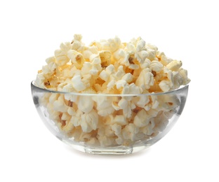 Bowl with delicious fresh popcorn on white background