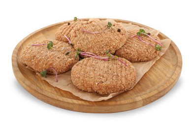 Photo of Vegan cutlets with breadcrumbs isolated on white