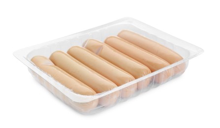 Photo of Plastic container with sausages isolated on white. Meat product