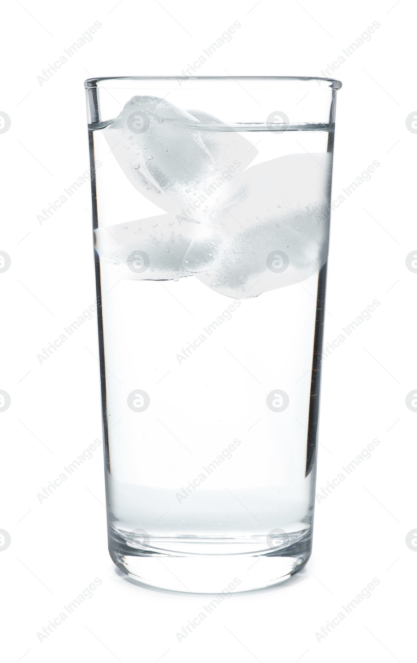 Photo of Glass of cold clear water with ice on white background. Refreshing drink