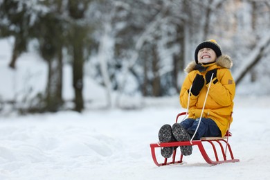 Cute little boy enjoying sledge ride through snow in winter park, space for text