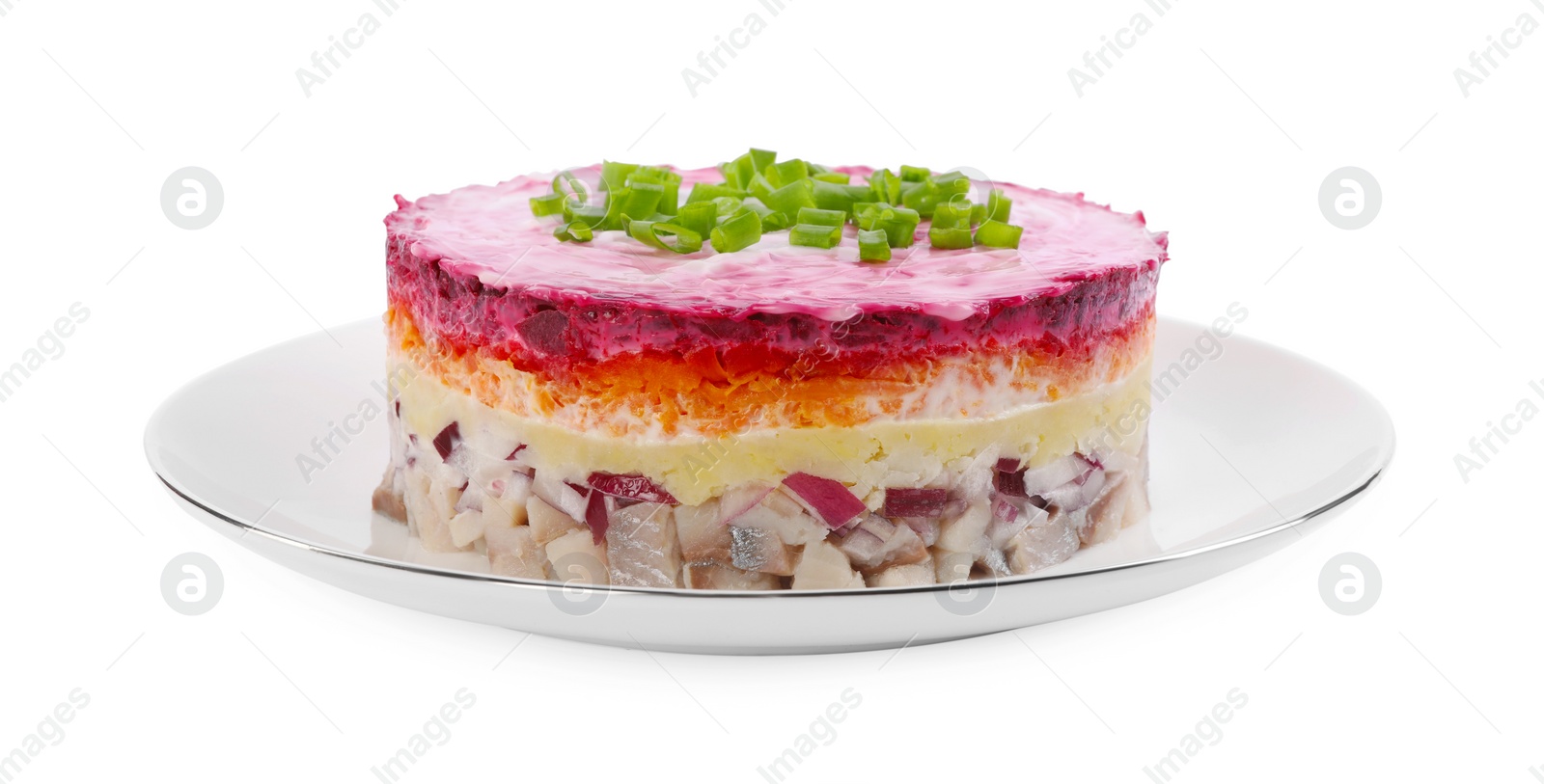 Photo of Herring under fur coat salad isolated on white. Traditional Russian dish