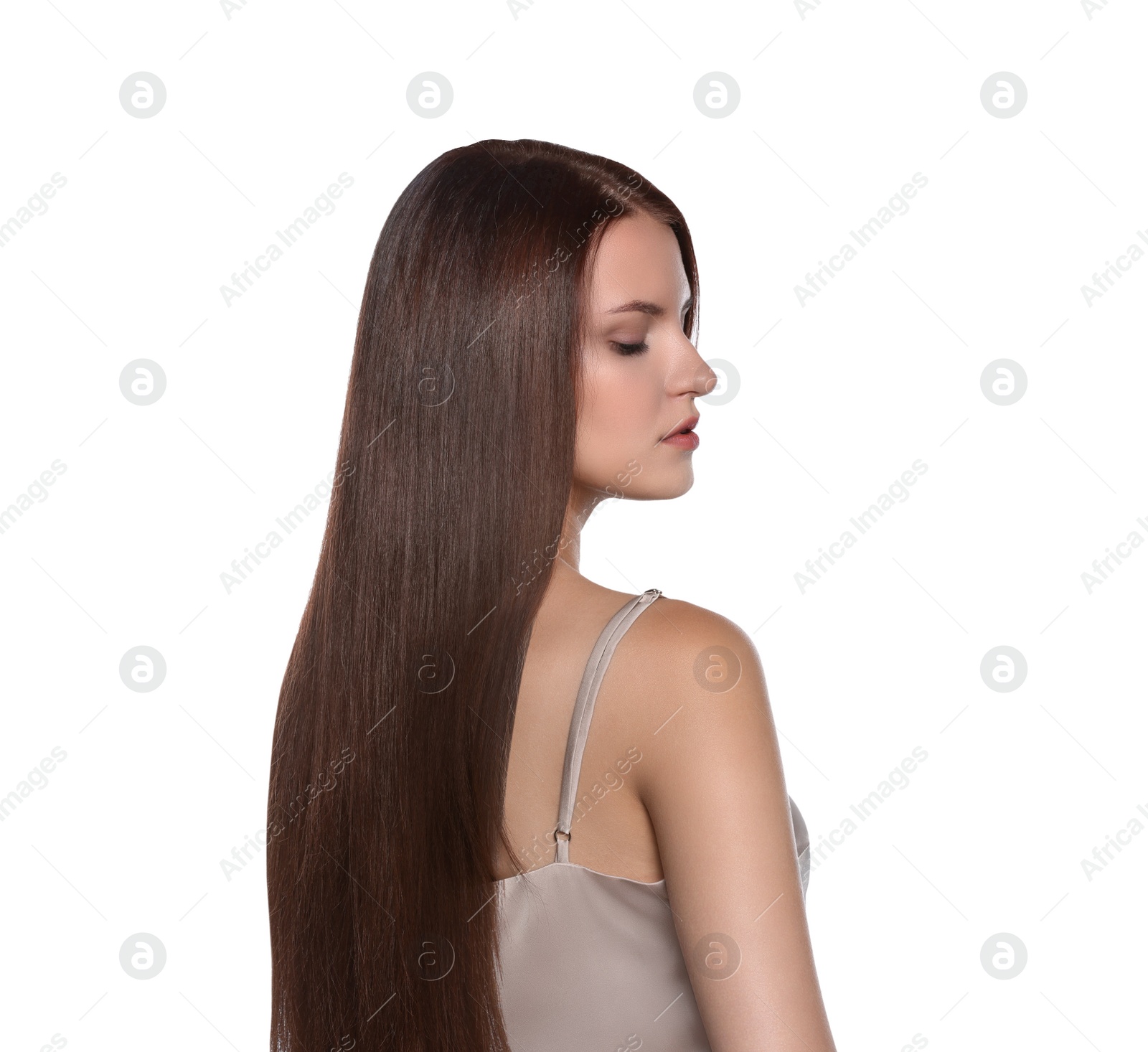 Photo of Portrait of beautiful young woman with healthy strong hair on white background