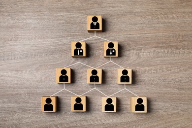 Image of Team management. Cubes with human icons linked together symbolizing company structure on wooden table, top view