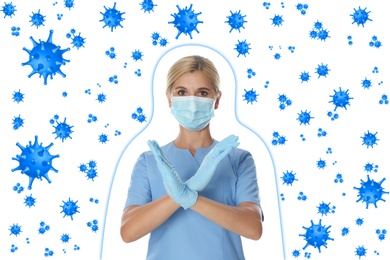 Image of Stronger immunity - better disease resistance. Doctor in protective mask showing stop gesture surrounded by viruses on white background