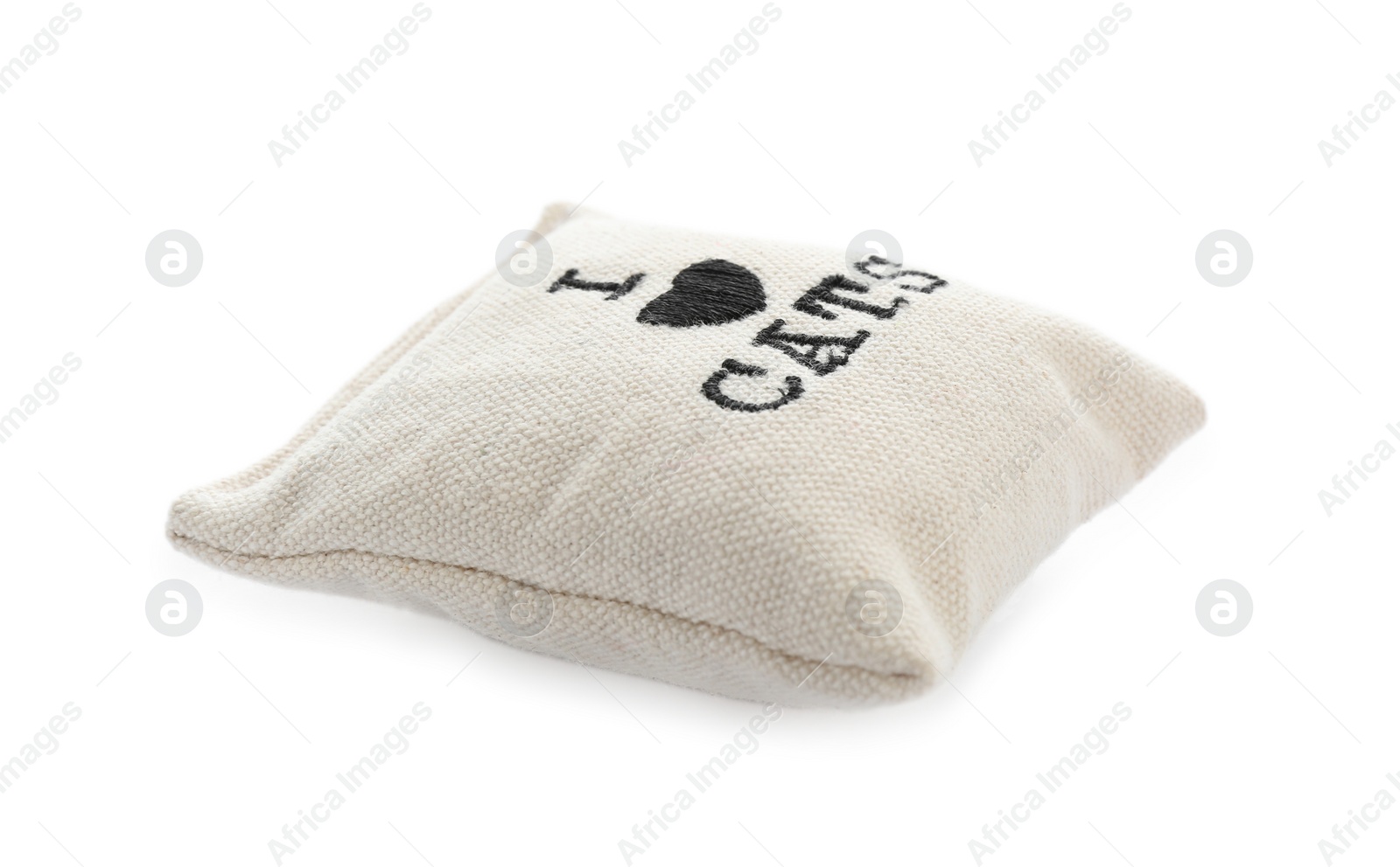 Photo of Small pillow with mint and phrase I LOVE CATS on white background. Pet accessory