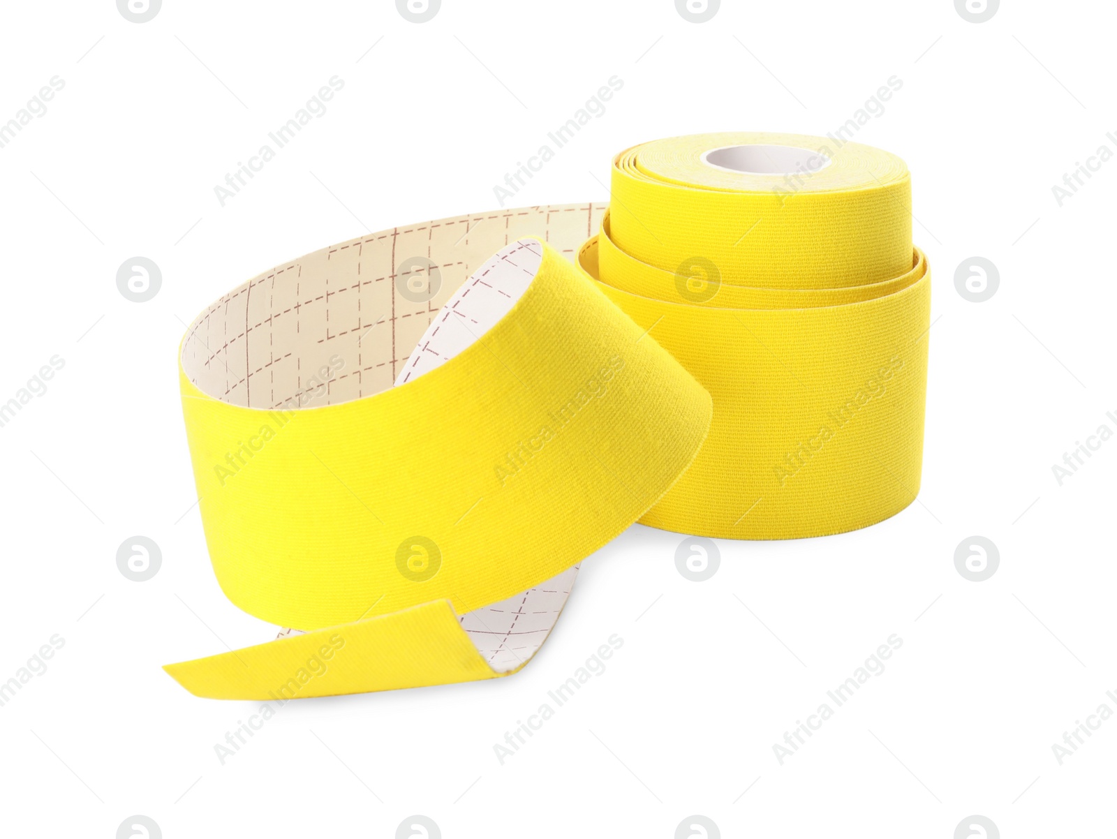 Photo of Yellow kinesio tape in roll on white background