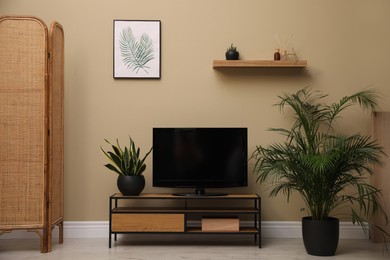 Modern TV on cabinet and green plants near beige wall in room. Interior design