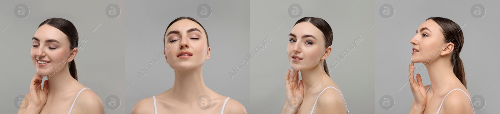 Image of Woman with healthy skin on grey background, set with photos