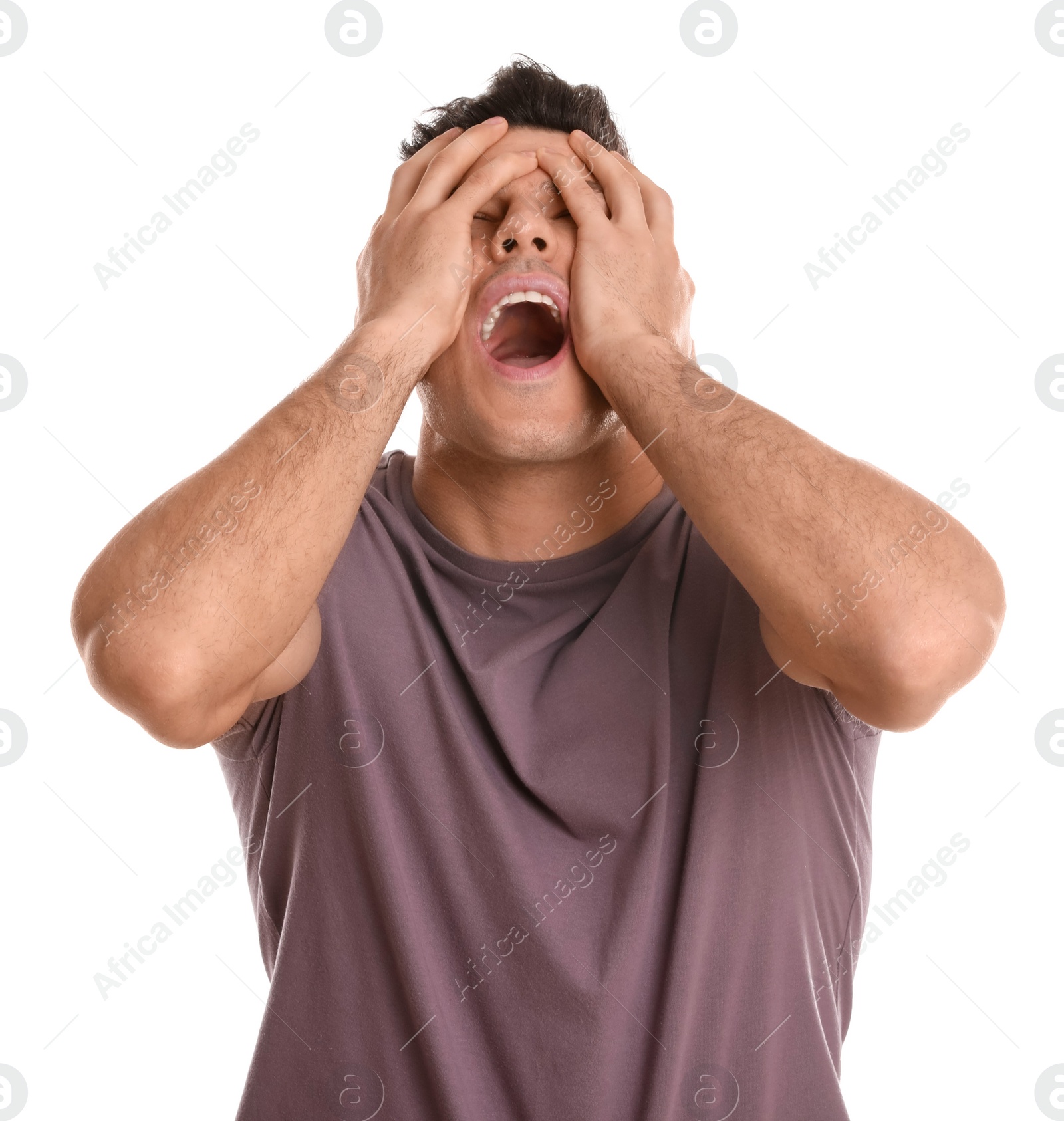 Photo of Portrait of emotional man on white background. Personality concept